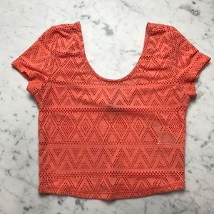 Sparkle & Fade Sheer Coral Short Sleeve Crop Top